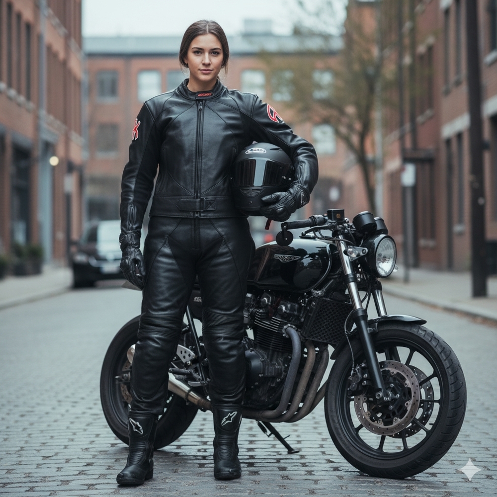Akoury Soft Black Leather Women's Motorcycle Jacket and Pants Set
